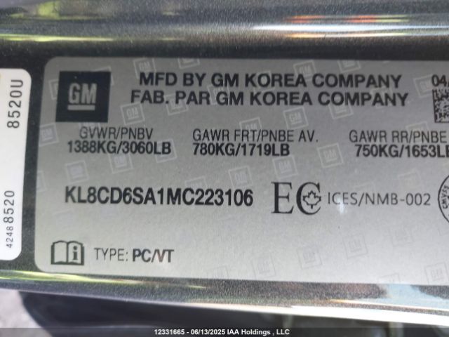KL8CD6SA1MC223106 Chevrolet lv7 - mfi, variable valve timing, alum, gen 1 var 1