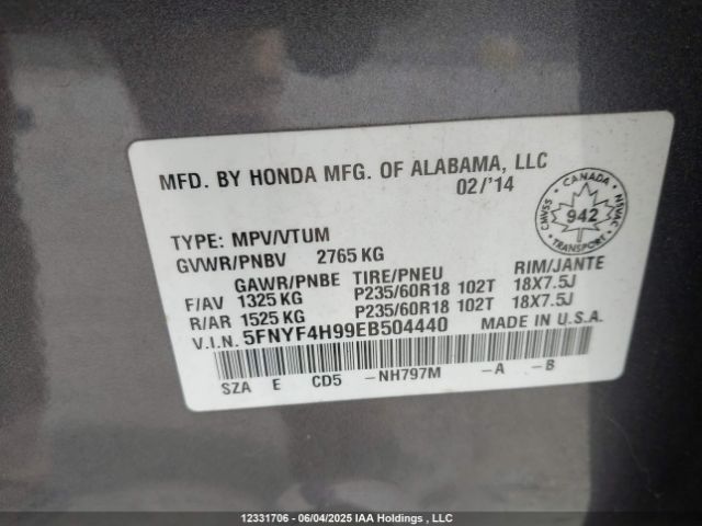 5FNYF4H99EB504440 Honda Pilot Touring