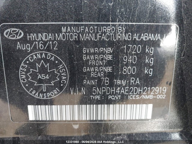 12331860 :رقم المزاد ، 5NPDH4AE2DH212919 vin ، 2013 Hyundai Elantra Gl مزاد بيع