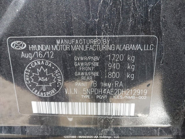 12331860 :رقم المزاد ، 5NPDH4AE2DH212919 vin ، 2013 Hyundai Elantra Gl مزاد بيع