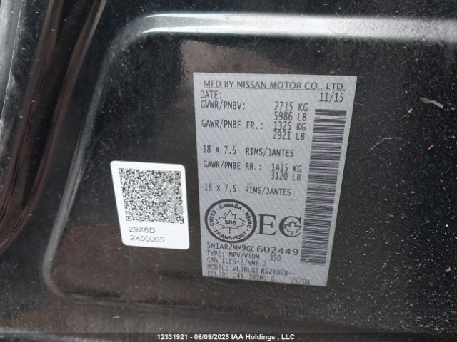 5N1AR2MM9GC602449 Nissan Pathfinder Platinum/s/sl/sv