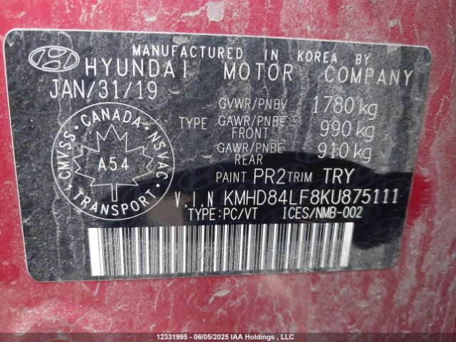 KMHD84LF8KU875111 Hyundai mpi nu
