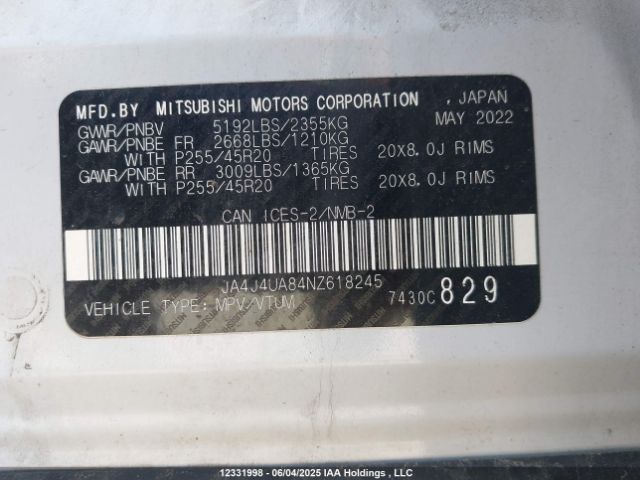JA4J4UA84NZ618245 Mitsubishi Outlander Se/black Edition