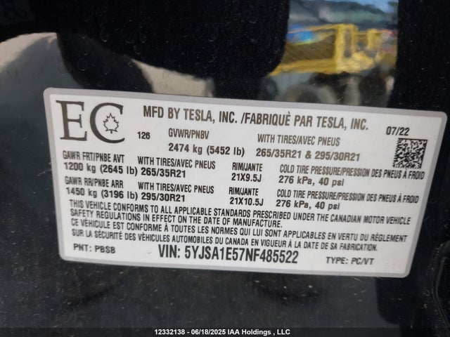 5YJSA1E57NF485522 Tesla MODEL S