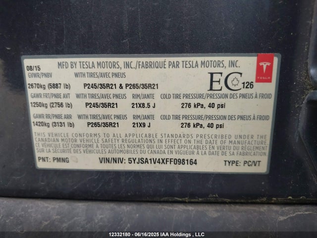 5YJSA1V4XFF098164 Tesla MODEL S
