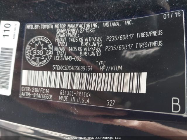 5TDKK3DC4GS699164 Toyota Sienna