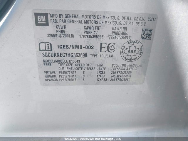 3GCUKNEC7HG363690 Chevrolet l83 - sidi: spark ignited direct injection, vvt: variable valve timing, afm, e85 max, alum