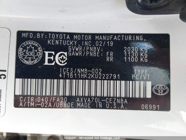 4T1B11HK2KU222791 Toyota a25a-fks
