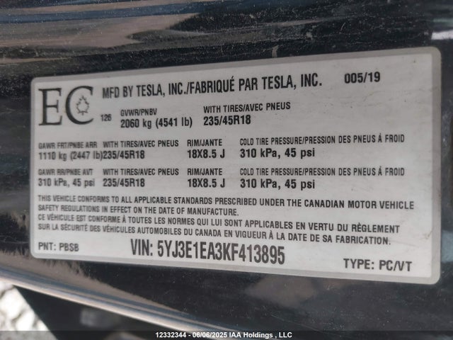Tesla MODEL 3 2019 5YJ3E1EA3KF413895 Image 9
