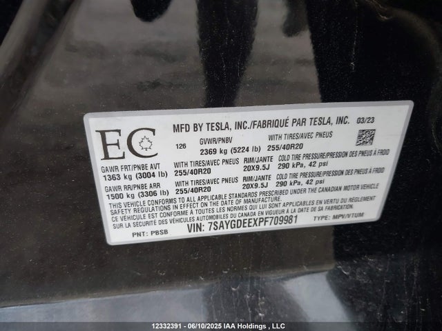 7SAYGDEEXPF709981 Tesla Model Y