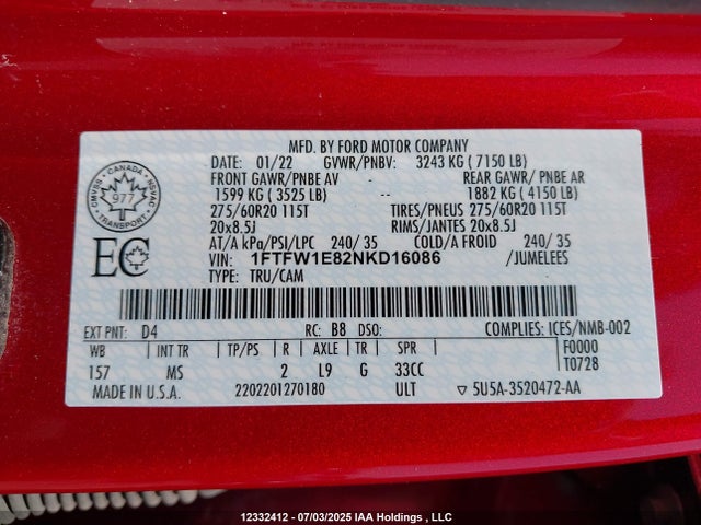 Ford gtdi 2022 1FTFW1E82NKD16086 Image 9