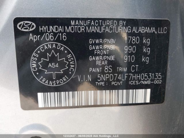 5NPD74LF7HH053135 Hyundai 2017