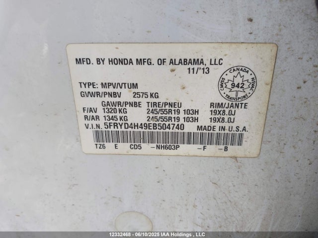 Acura j35y5 2014 5FRYD4H49EB504740 Image 9