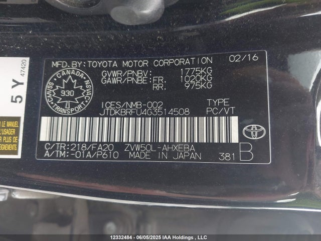 JTDKBRFU4G3514508 Toyota 2zr-fxe,1nm