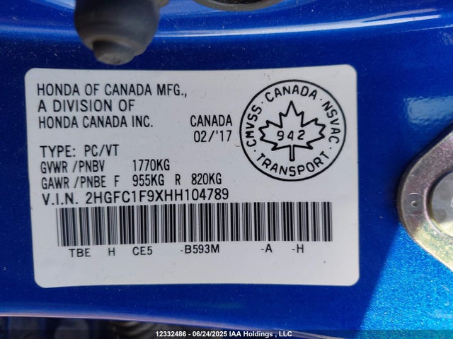 2HGFC1F9XHH104789 Honda l15b7