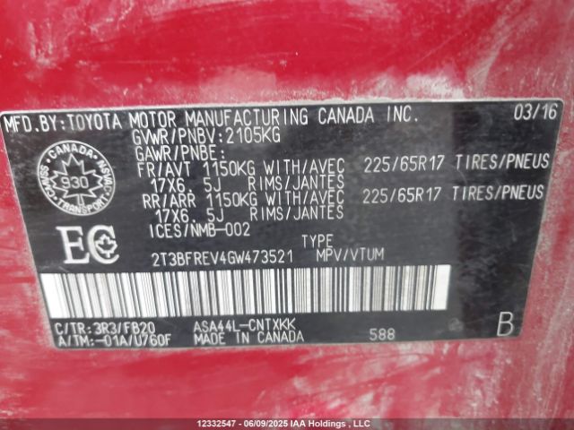 2T3BFREV4GW473521 Toyota 2ar-fe