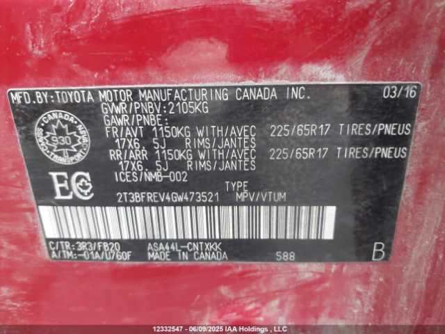 2T3BFREV4GW473521 Toyota 2ar-fe