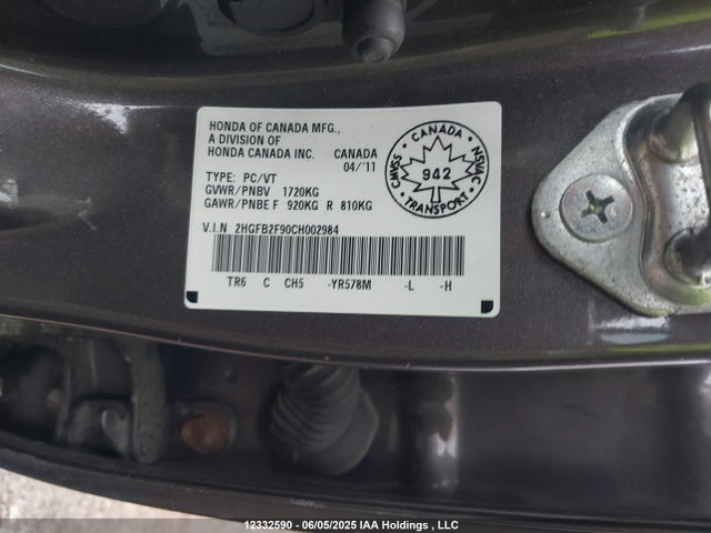 12332590 :رقم المزاد ، 2HGFB2F90CH002984 vin ، 2012 Honda Civic Ex-l مزاد بيع