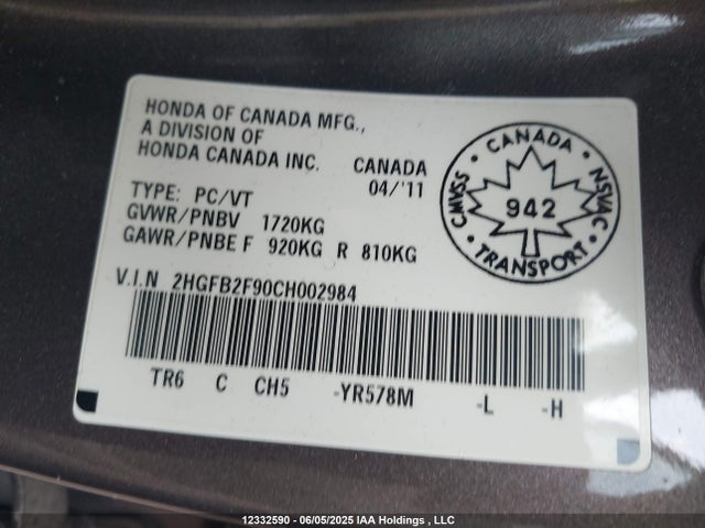 12332590 :رقم المزاد ، 2HGFB2F90CH002984 vin ، 2012 Honda Civic Ex-l مزاد بيع