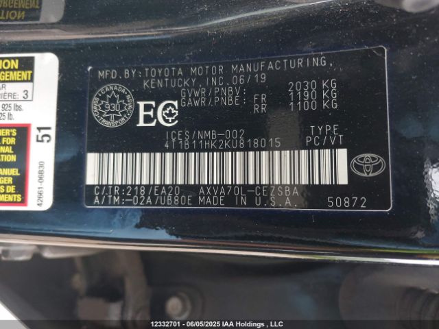 4T1B11HK2KU818015 Toyota CAMRY SE