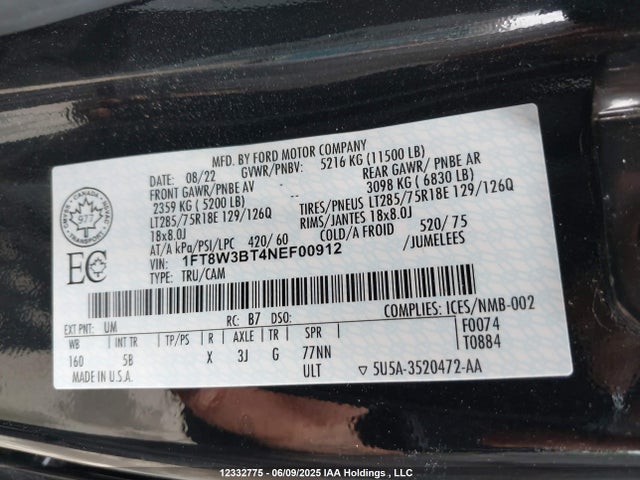 1FT8W3BT4NEF00912 Ford 2022