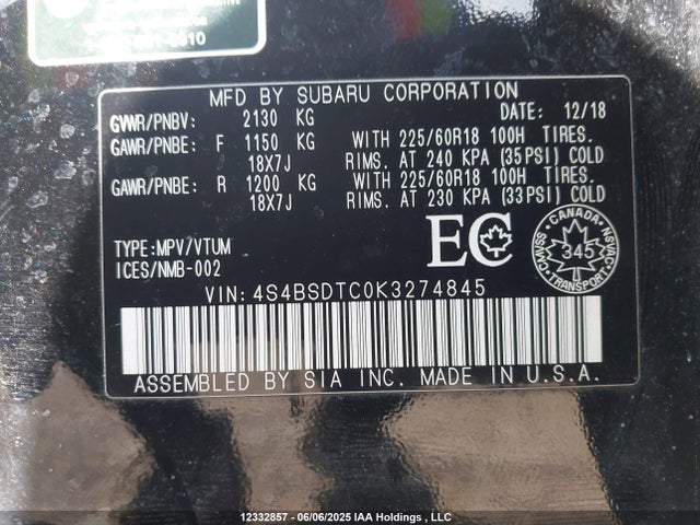 4S4BSDTC0K3274845 Subaru Outback 2.5i Premier Eyesight Package/2.5i Touring