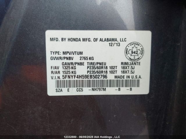 5FNYF4H59EB502796 Honda j35z4