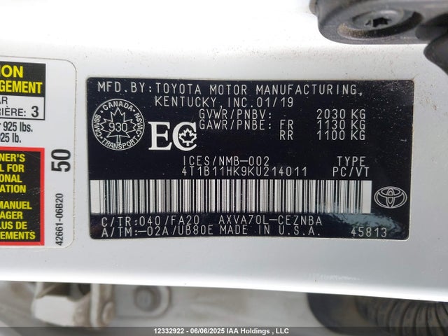 4T1B11HK9KU214011 Toyota a25a-fks