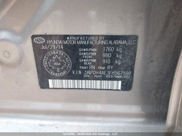 5NPDH4AE3FH567598 Hyundai dohc mpi nu