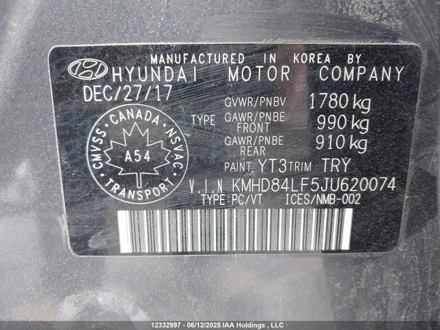 KMHD84LF5JU620074 Hyundai mpi nu