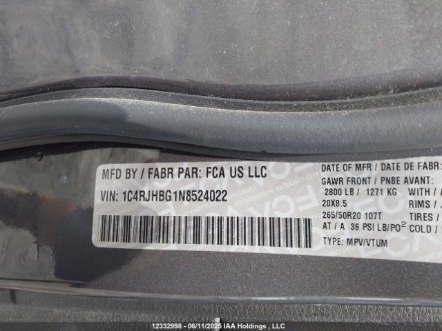 1C4RJHBG1N8524022 Jeep Grand Cherokee Limited