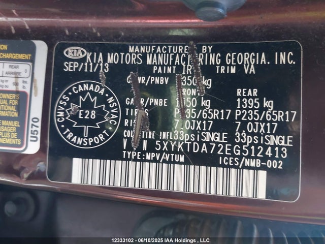 5XYKTDA72EG512413 KIA gasoline 3.3 v6 gdi lambda ii