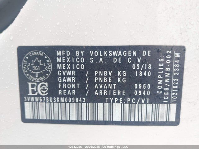 3VWW57BU3KM009843 Volkswagen 1.4 tsi