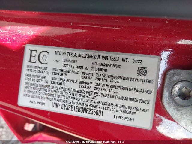 Tesla MODEL 3 2022 5YJ3E1EB3NF235001 Image 9