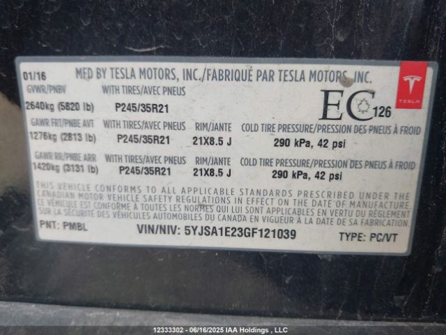5YJSA1E23GF121039 Tesla 3 phase a/c induction (dual motor)