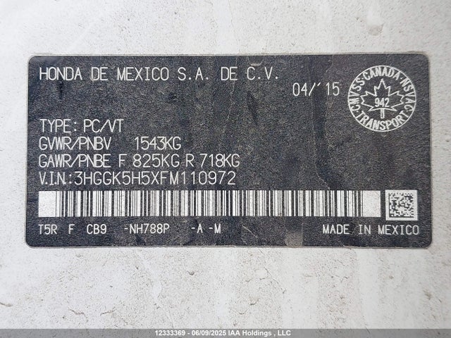 3HGGK5H5XFM110972 Honda l15b1