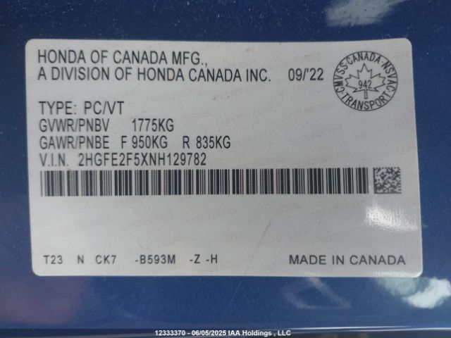 2HGFE2F5XNH129782 Honda k20c2