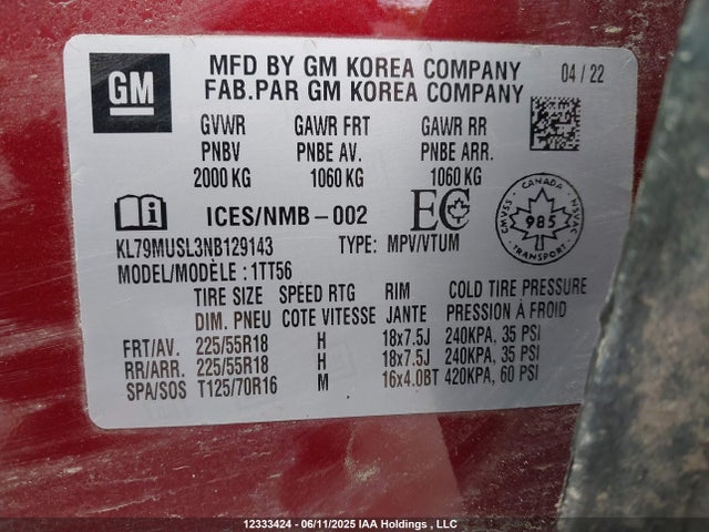 KL79MUSL3NB129143 Chevrolet l3t - l3, sidi, vvt, alum