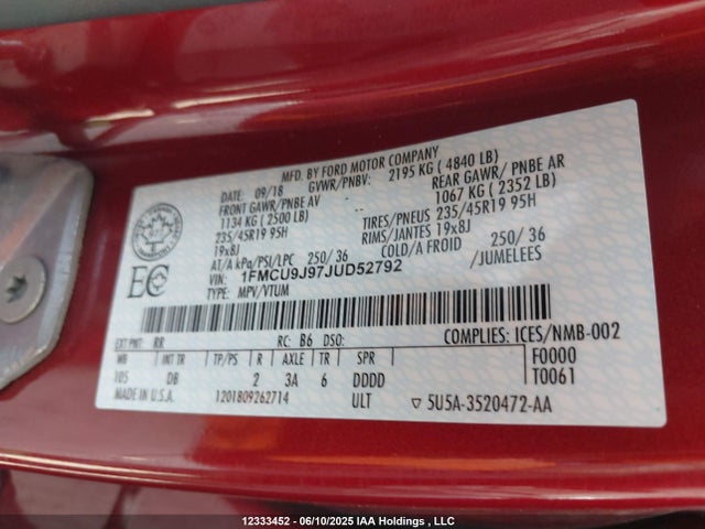 1FMCU9J97JUD52792 Ford 2018