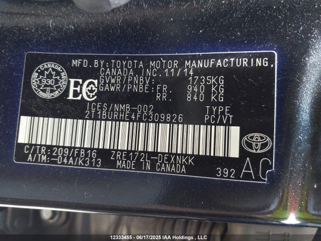 Toyota 2zr-fe 2015 2T1BURHE4FC309826 Image 9