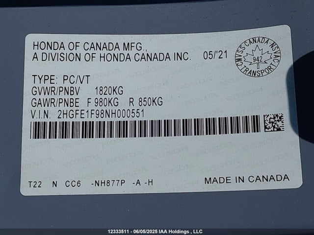 2HGFE1F98NH000551 Honda l15b7