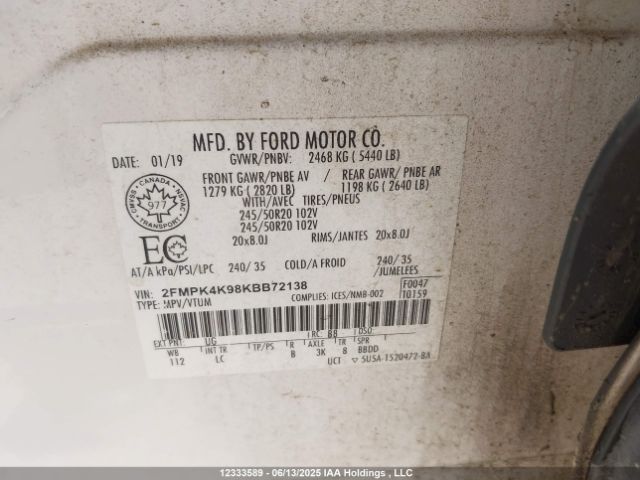 2FMPK4K98KBB72138 Ford 2.0l gtdi w/premium fuel