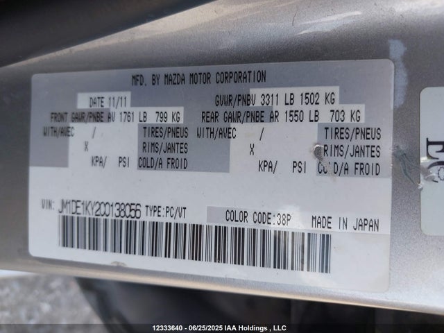12333640 :رقم المزاد ، JM1DE1KY2C0138056 vin ، 2012 Mazda Mazda2 مزاد بيع