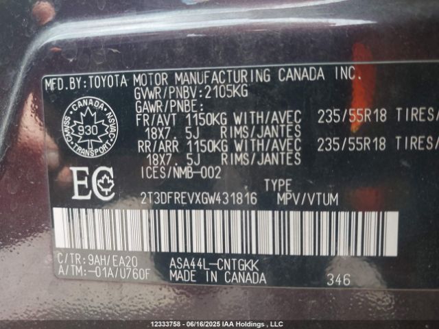 2T3DFREVXGW431816 Toyota 2ar-fe