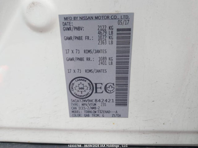 5N1AT2MV9HC842421 Nissan Rogue