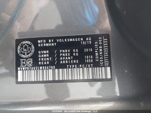 WVWPR7AU2LW904769 Volkswagen 2020