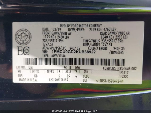 1FMCU9GD2KUB38922 Ford 1.5l gtdi sigma w/premium fuel