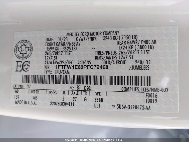 Продаж на аукціоні авто 2023 Ford F150 Supercrew, vin: 1FTFW1E89PFC72468, номер лоту: 12334011