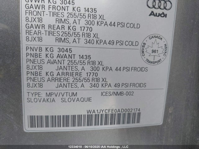 2010 Audi Q7 Premium მანქანა იყიდება აუქციონზე, vin: WA1JYCFE0AD002174, აუქციონის ნომერი: 12334018