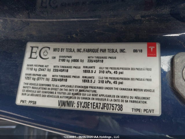 5YJ3E1EA7JF075738 Tesla MODEL 3